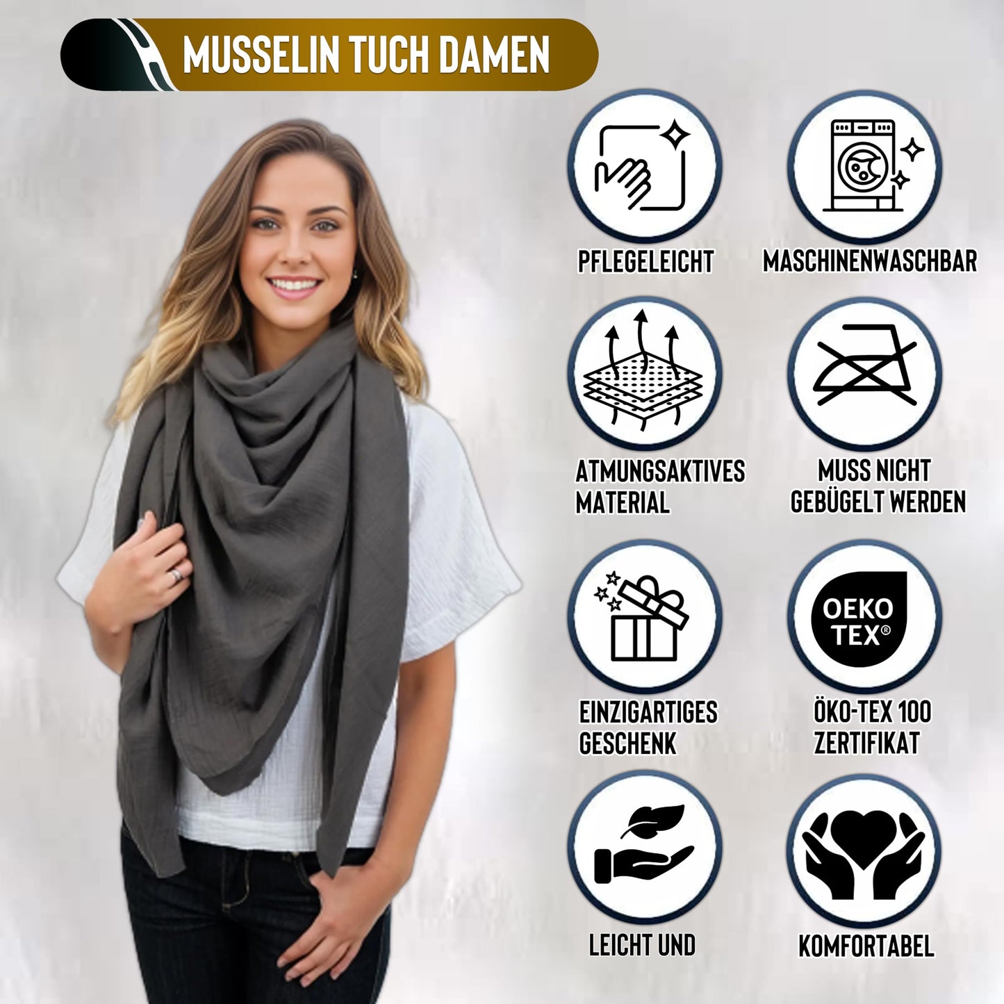 Musselin Tuch Damen DunkelGrau Dreieckig