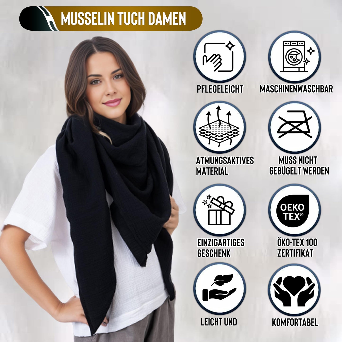 Musselin Tuch Damen Schwartz Dreieckig